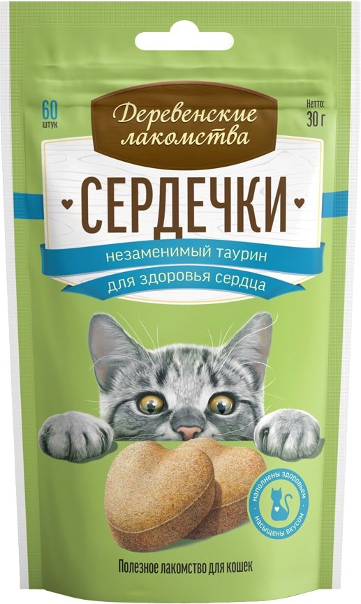 

Лакомство для кошек Деревенские лакомства Сердечки и незаменимый таурин 30 г
