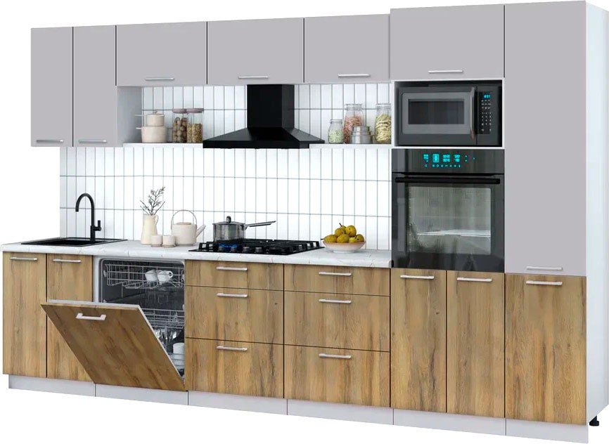 

Готовая кухня Интерлиния Мила Gloss 3.4-ПМ1 (дуб вотан/грей/серый каспий)