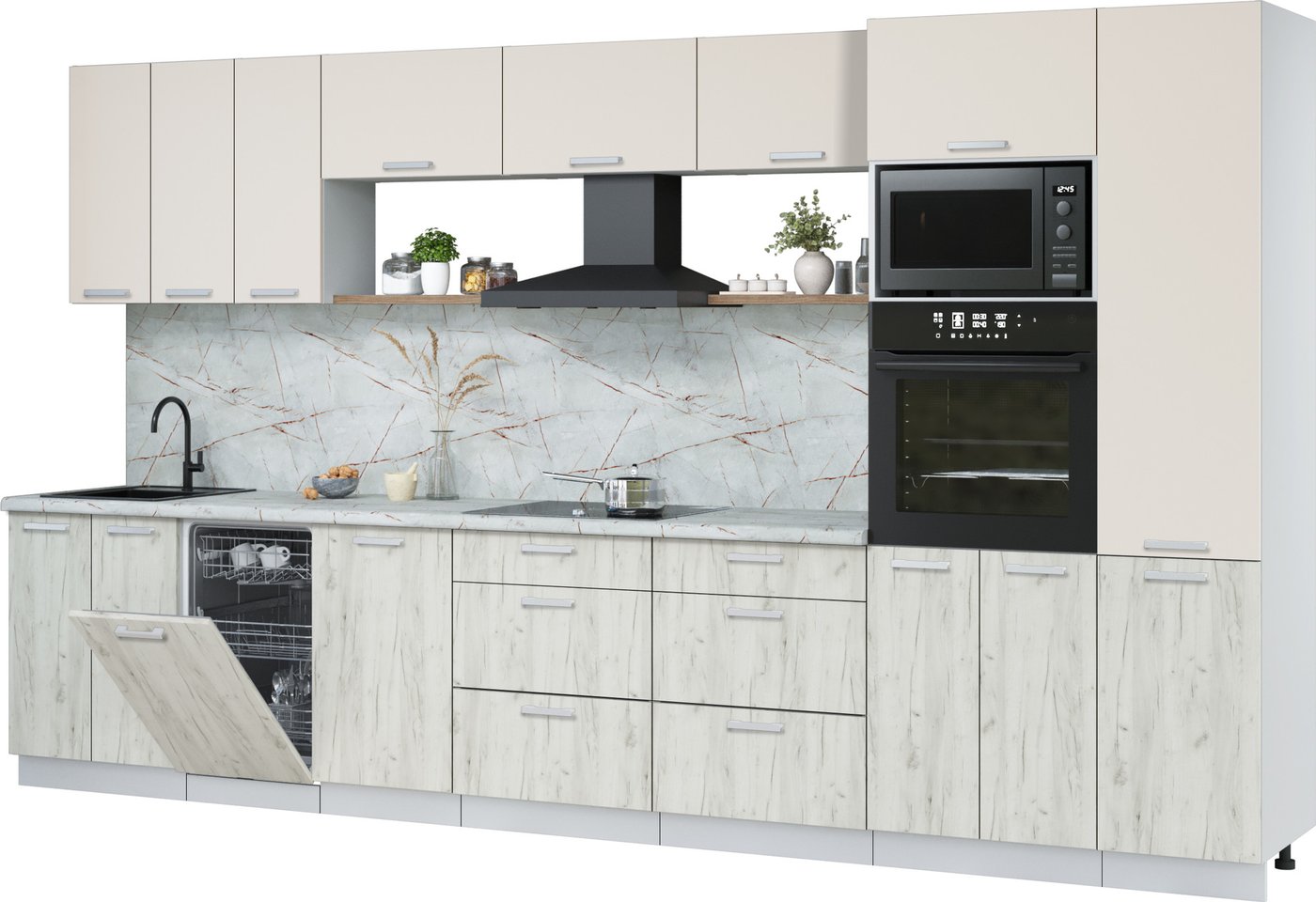 

Готовая кухня Интерлиния Мила Лайт 3.7-ПМ3 ( персидский жемчуг/дуб белый/серый каспий)