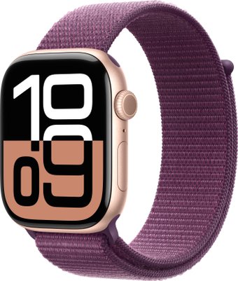 Apple Watch Series 10 46 мм (алюминиевый корпус, розовое золото/сливовый, нейлоновый ремешок)