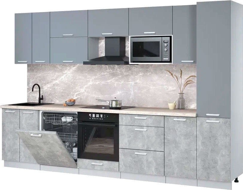 

Готовая кухня Интерлиния Мила Лайт 3.2-ПМ2 (серебро/бетон/травертин серый)