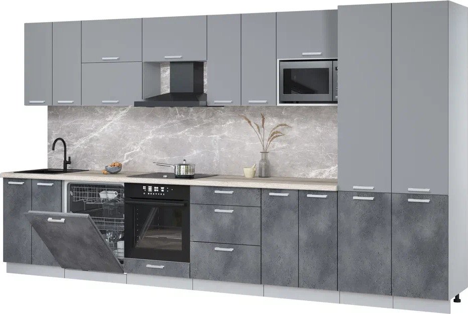 

Готовая кухня Интерлиния Мила Лайт 3.8-ПМ2 (серебро/бетон портленд/травертин серый)