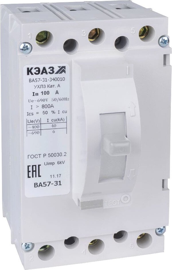 

Выключатель автоматический КЭАЗ 100А 1200Im ВА57-31-340010 УХЛ3 690В AC 108427
