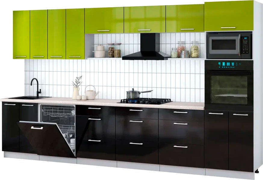 

Готовая кухня Интерлиния Мила Gloss 3.6-ПМ1-2 (черный глянец/яблоко глянец/травертин серый)