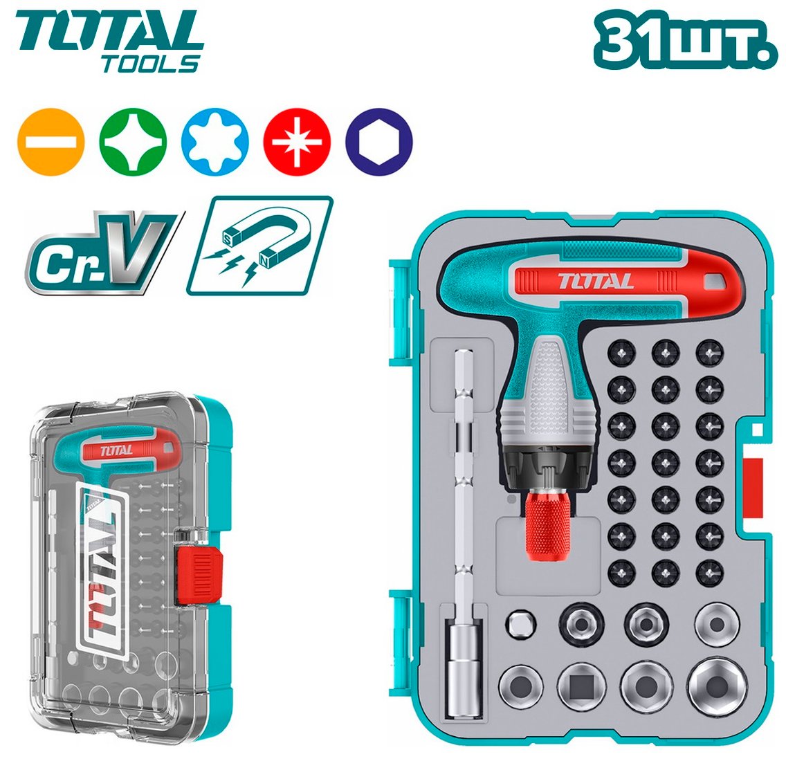 

Набор отвертка с битами и головками Total TACSD30316 (31 предмет)