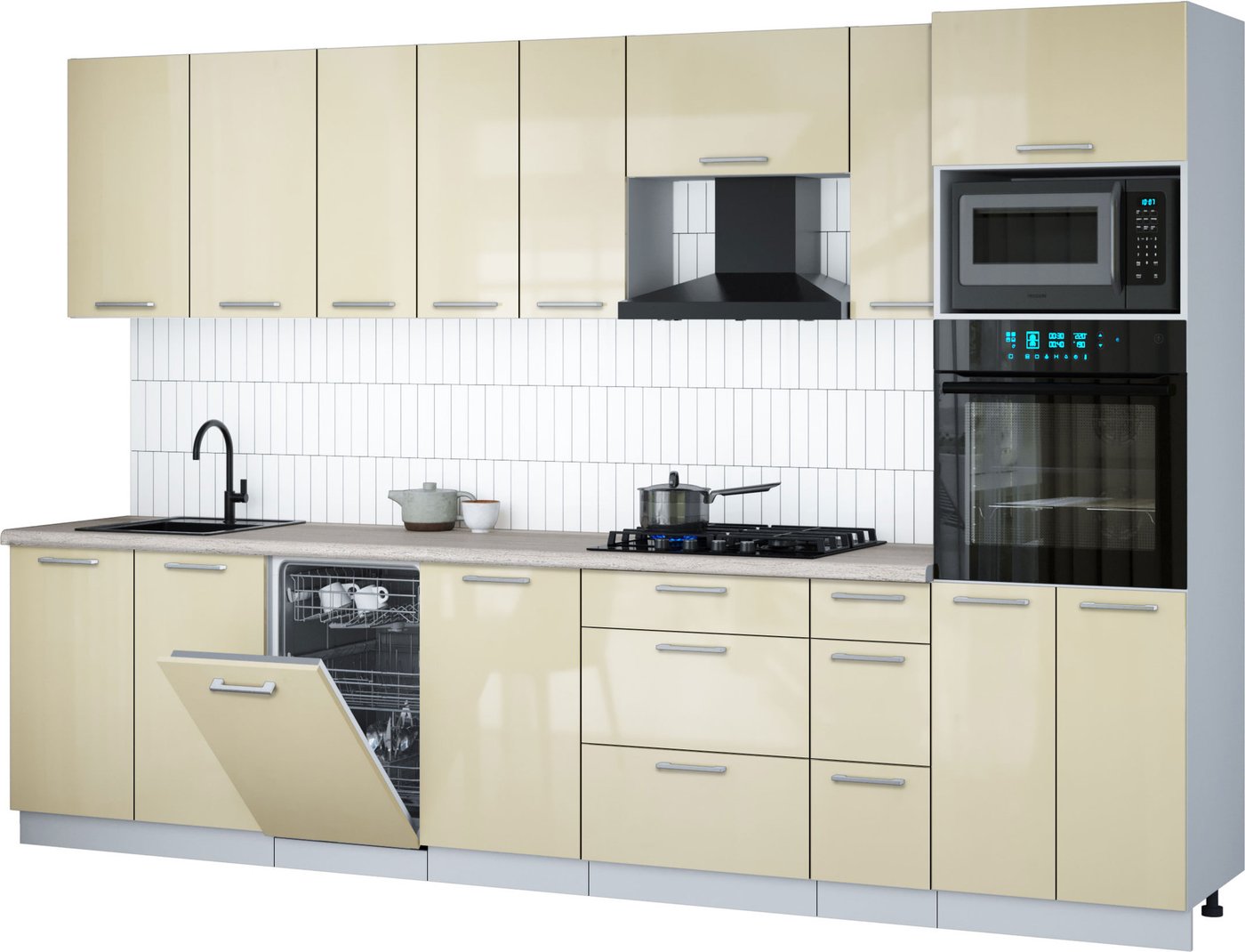 

Готовая кухня Интерлиния Мила Gloss 3.2-ПМ3 (ваниль глянец/ваниль глянец/травертин серый)