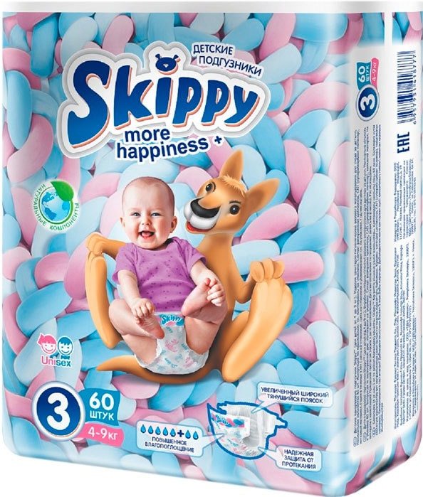 

Подгузники Skippy More Happiness Plus 3 (60 шт)