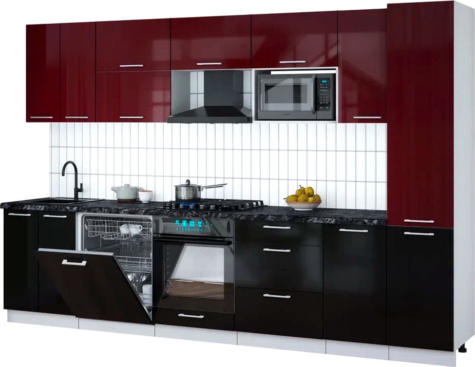 

Готовая кухня Интерлиния Мила Gloss 3.2-ПМ2 (черный глянец/бордовый глянец/кастилло темный)