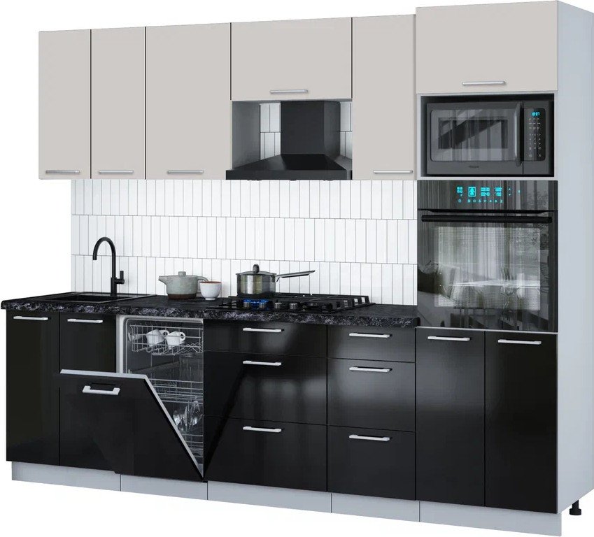 

Готовая кухня Интерлиния Мила Gloss 2.65-ПМ3 (черный глянец/кашемир/кастилло темный)