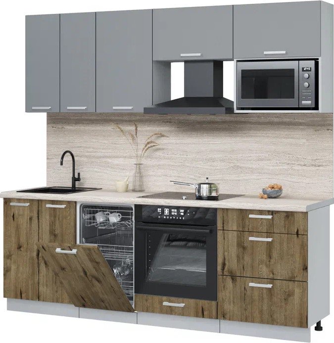 

Готовая кухня Интерлиния Мила Лайт 2.25-ПМ4 (серебро/дуб веллингтон/травертин серый)