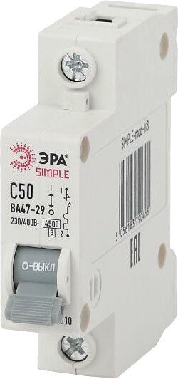 

Выключатель автоматический ЭРА Simple-Mod-08 ВА47-29 1P 50А 4.5кА C Б0039225