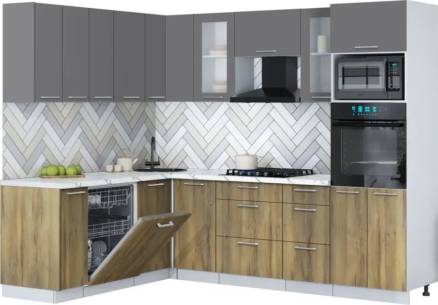 

Готовая кухня Интерлиния Мила Gloss 1.896х2.58 (дуб вотан/серый/белый гранит)