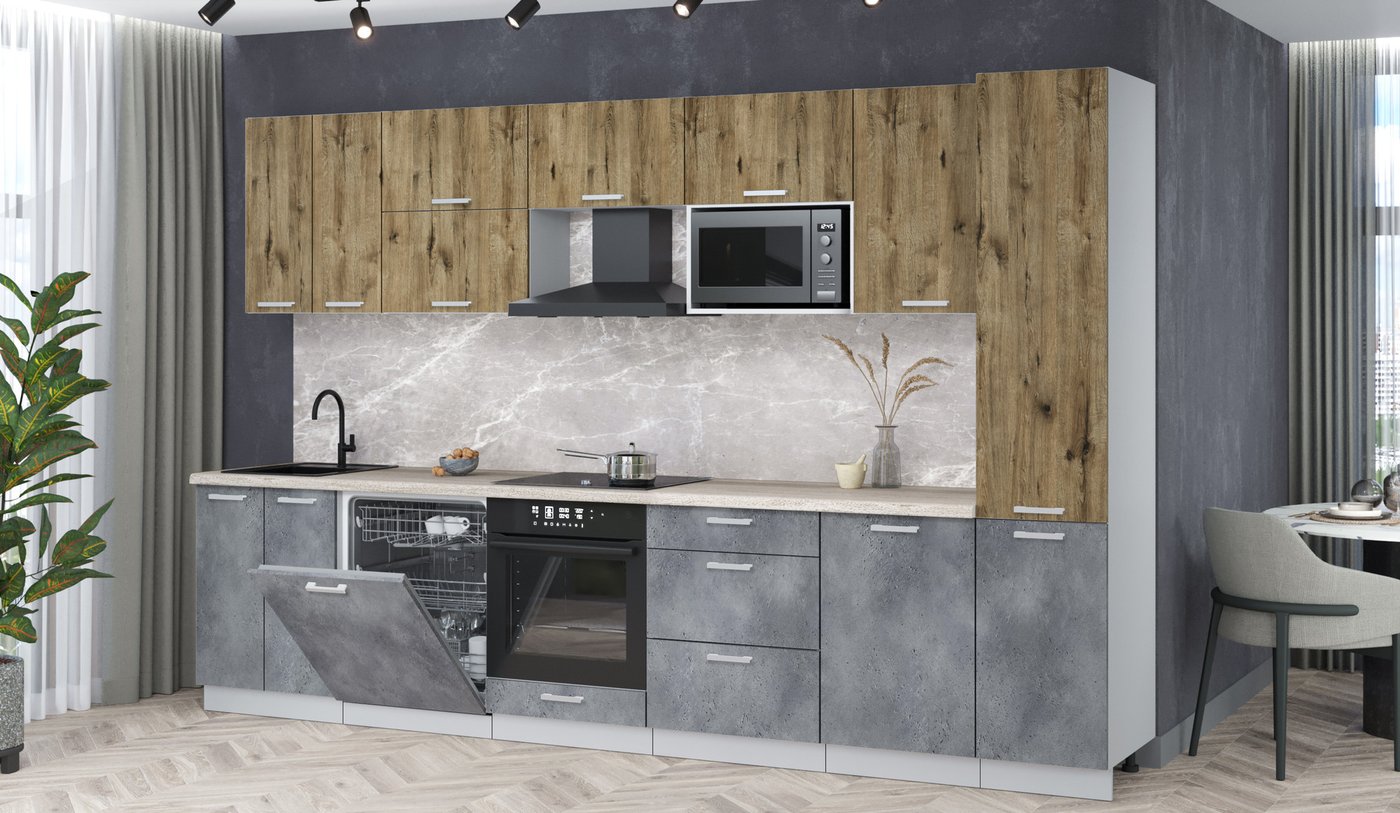 

Готовая кухня Интерлиния Мила Лайт 3.3-ПМ2 (дуб веллингтон/бетон портленд/травертин серый)