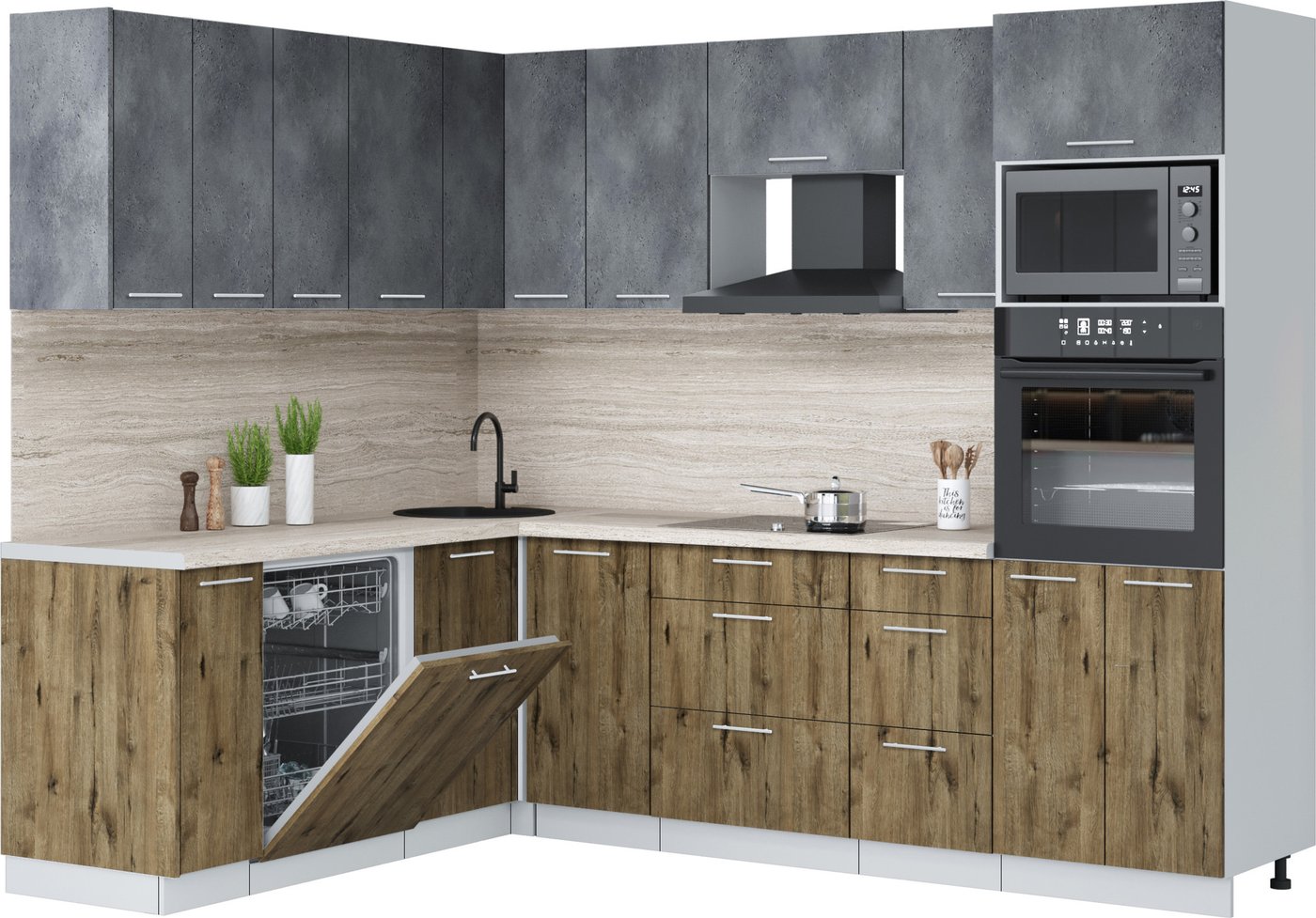 

Готовая кухня Интерлиния Мила Лайт 1.896х2.58 (бетон портленд/дуб веллингтон/травертин серый)