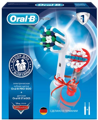 Комплект зубных щеток Oral-B Pro 500 (D16.513.U) + Stages Power Cars (D12.513.K)