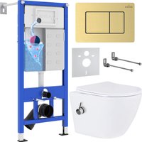 Унитаз подвесной Roxen Antares Bidet в комплекте с инсталляцией StounFix Dual Fresh 6 в 1 968457 (кнопка: брашированное золото)