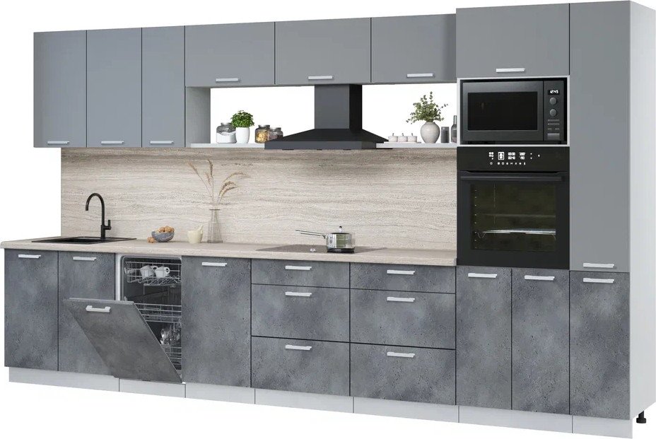 

Готовая кухня Интерлиния Мила Лайт 3.8-ПМ3 (серебро/бетон портленд/травертин серый)