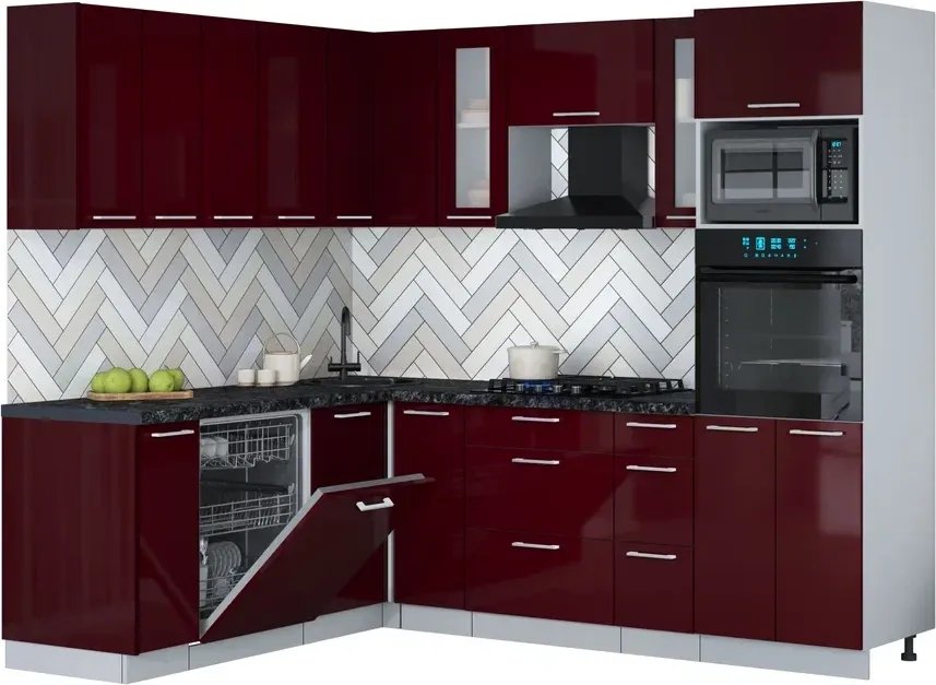 

Готовая кухня Интерлиния Мила Gloss 1.896х2.38 (бордовый глянец/бордовый глянец/кастилло темный)