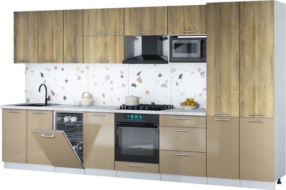 

Готовая кухня Интерлиния Мила Gloss 3.7-ПМ4 (капучино глянец/дуб вотан/серый каспий)