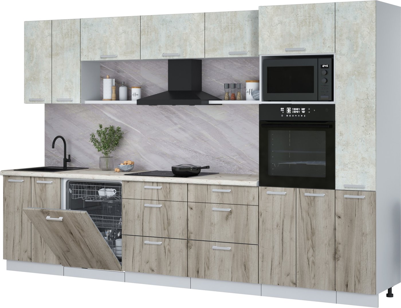 

Готовая кухня Интерлиния Мила Лайт 3.3-ПМ1 (бетон лайт/дуб серый/бискайская сосна)