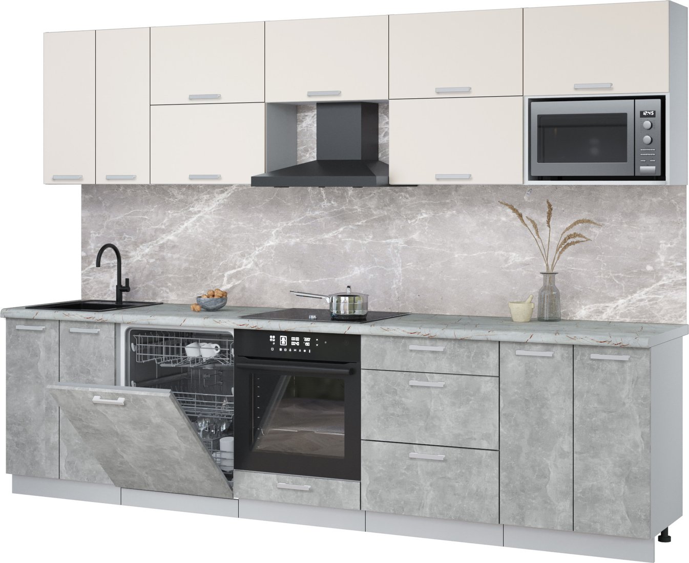 

Готовая кухня Интерлиния Мила Лайт 3.0-ПМ2 (персидский жемчуг/бетон/серый каспий)