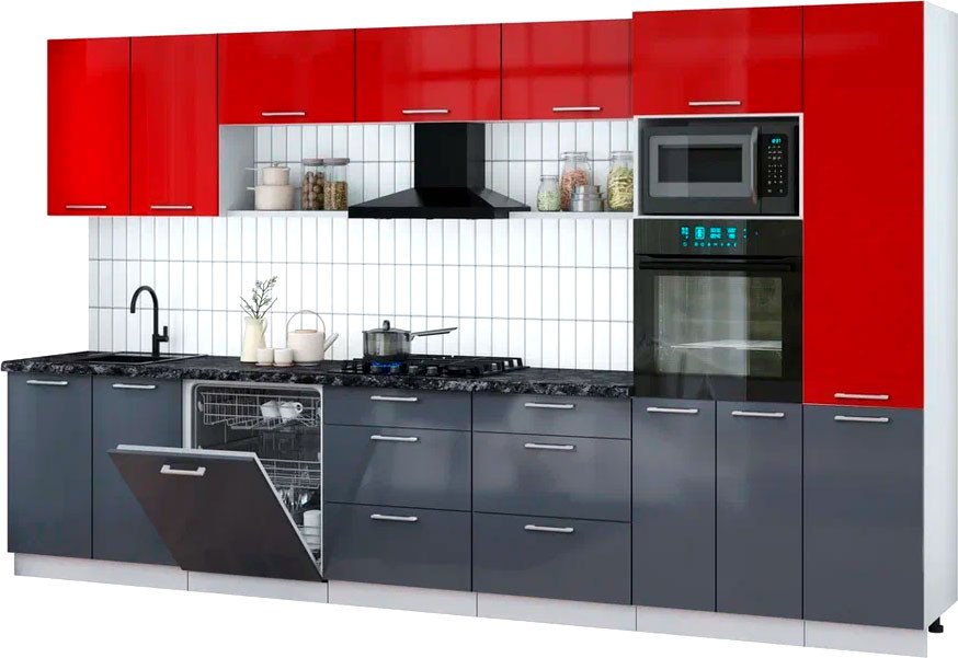 

Готовая кухня Интерлиния Мила Gloss 3.6-ПМ1 (асфальт глянец/красный глянец/кастилло темный)