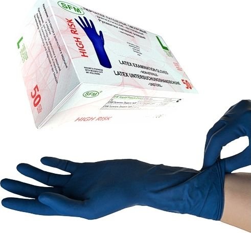 

Латексные перчатки SFM High Risk смотр. нестер. неопудр. текстур. особо прочные (L, 50 шт, синий)