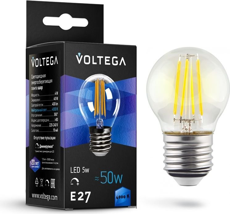 

Светодиодная лампочка Voltega Crystal Globe 5W 4000K E27 DIM 8467