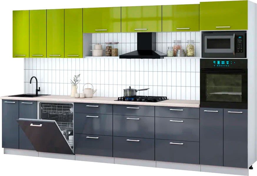 

Готовая кухня Интерлиния Мила Gloss 3.6-ПМ1-2 (асфальт глянец/яблоко глянец/травертин серый)