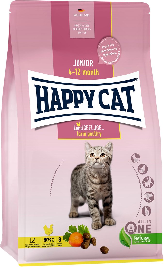 

Сухой корм для кошек Happy Cat Junior 4-12 Month Land Geflugel птица, без злаков 300 г