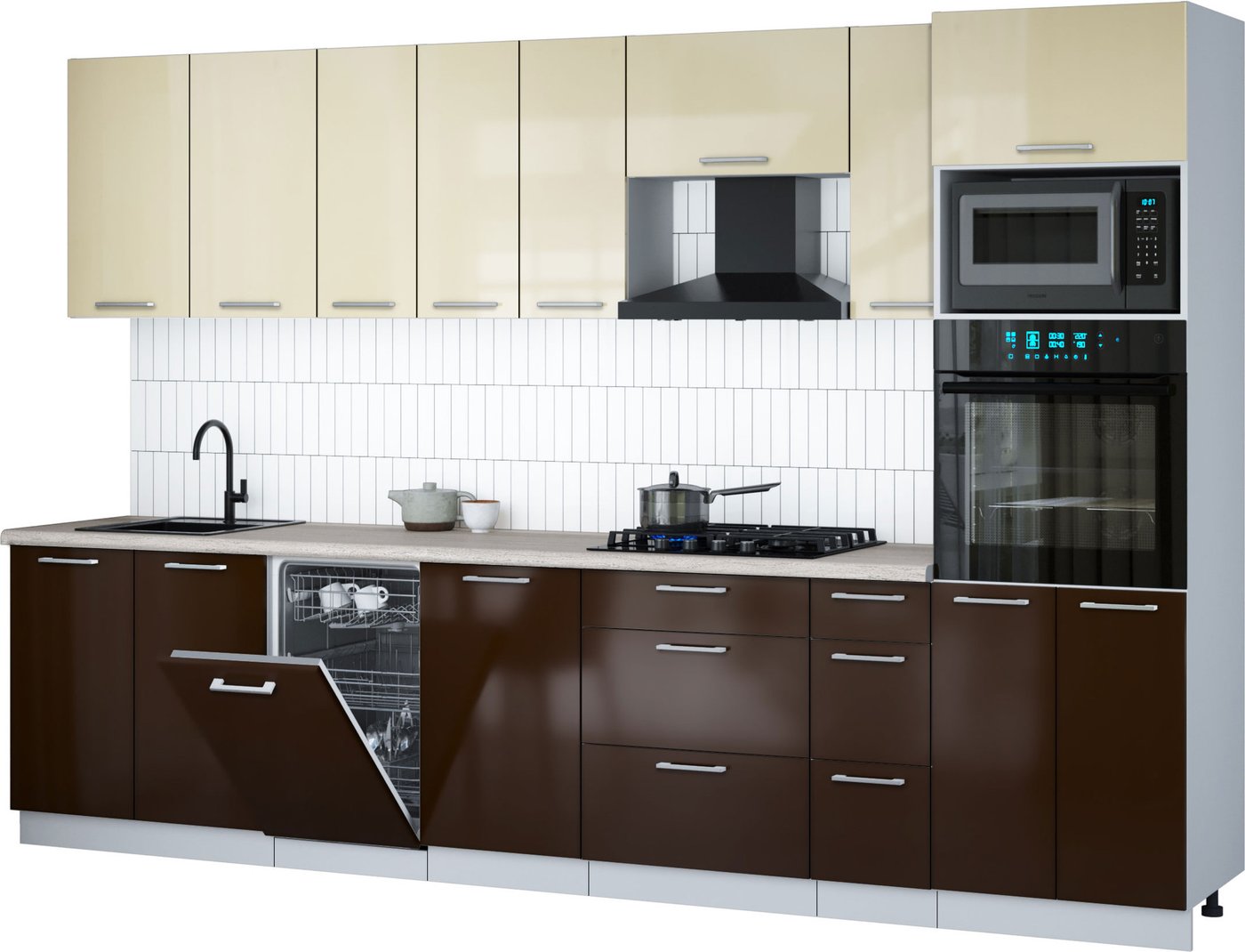 

Готовая кухня Интерлиния Мила Gloss 3.2-ПМ3 (шоколад глянец/ваниль глянец/травертин серый)