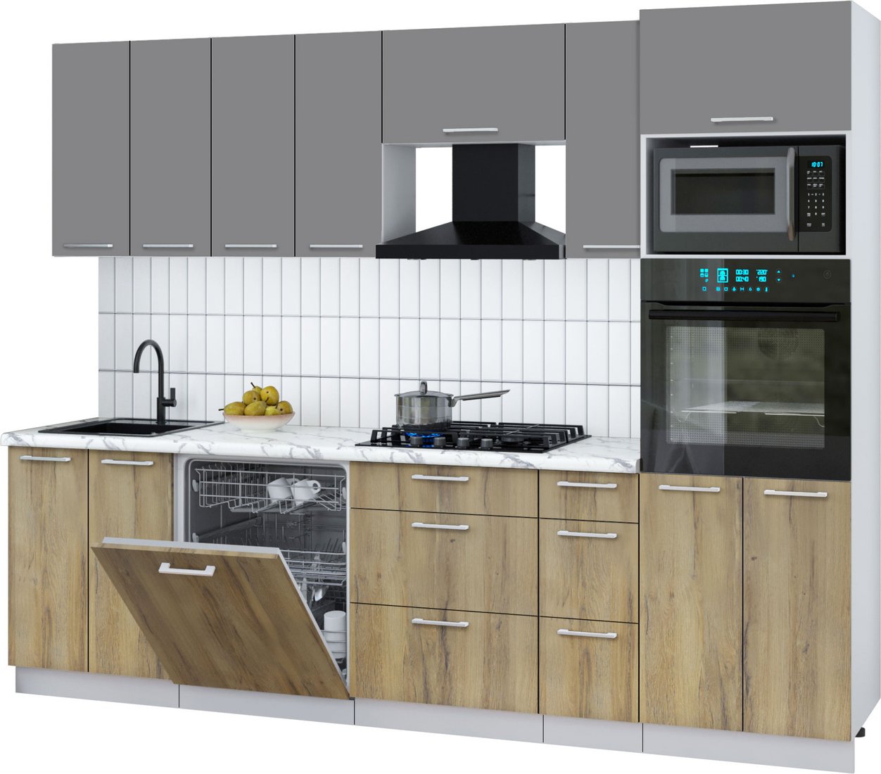 

Готовая кухня Интерлиния Мила Gloss 2.7-ПМ1 (дуб вотан/серый/белый гранит)