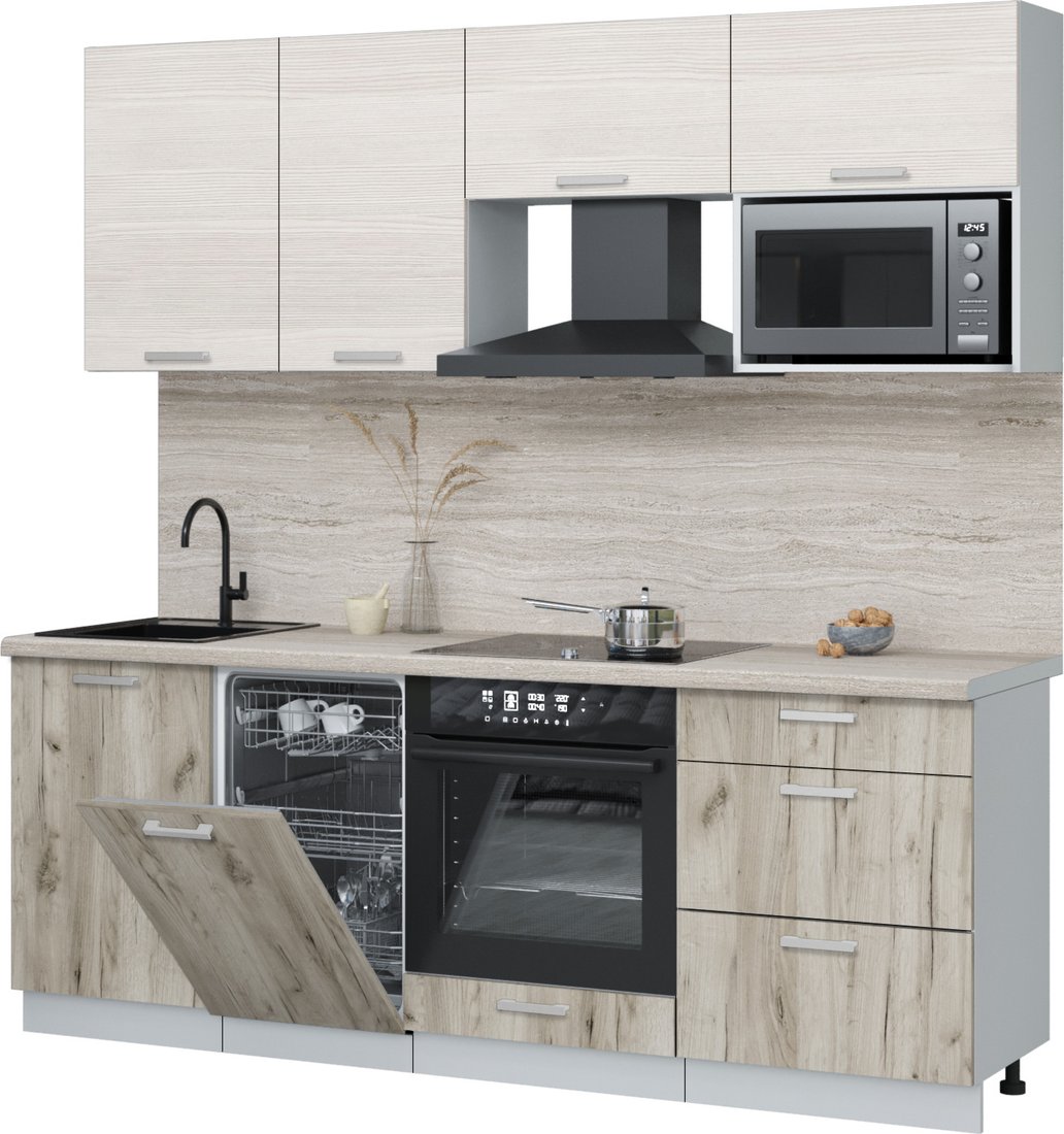 

Готовая кухня Интерлиния Мила Лайт 2.15-ПМ4 (вудлайн кремовый/дуб серый/травертин серый)