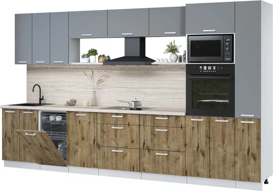 

Готовая кухня Интерлиния Мила Лайт 3.6-ПМ3 (серебро/дуб веллингтон/травертин серый)