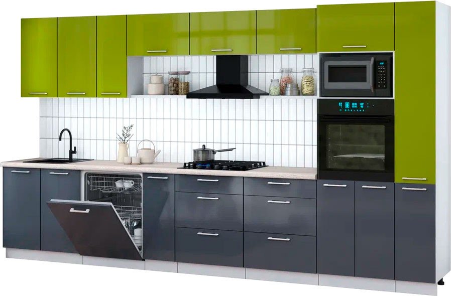 

Готовая кухня Интерлиния Мила Gloss 3.8-ПМ1 (асфальт глянец/яблоко глянец/травертин серый)