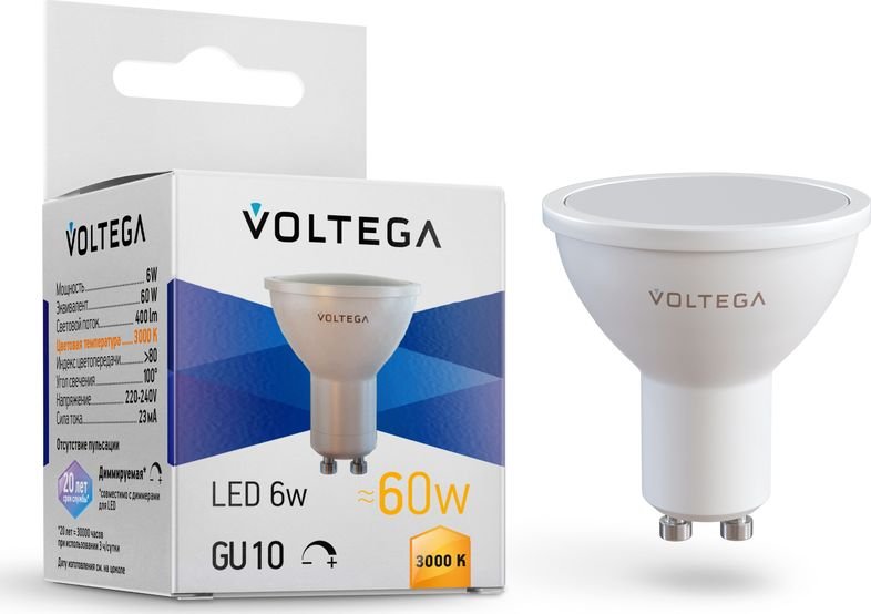 

Светодиодная лампочка Voltega Simple MR16 6W 3000K 110° GU10 DIM