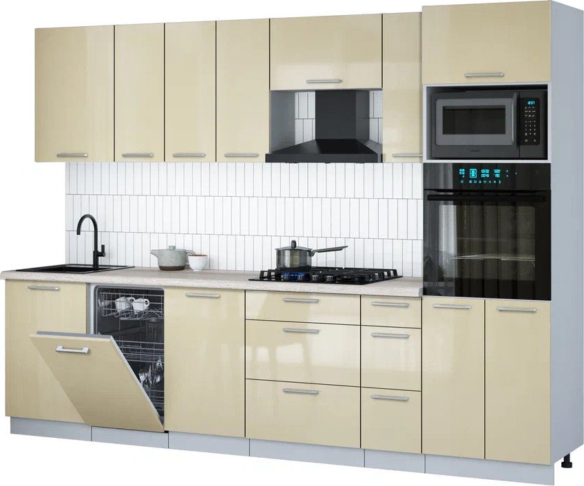 

Готовая кухня Интерлиния Мила Gloss 2.9-ПМ3 (ваниль глянец/ваниль глянец/травертин серый)