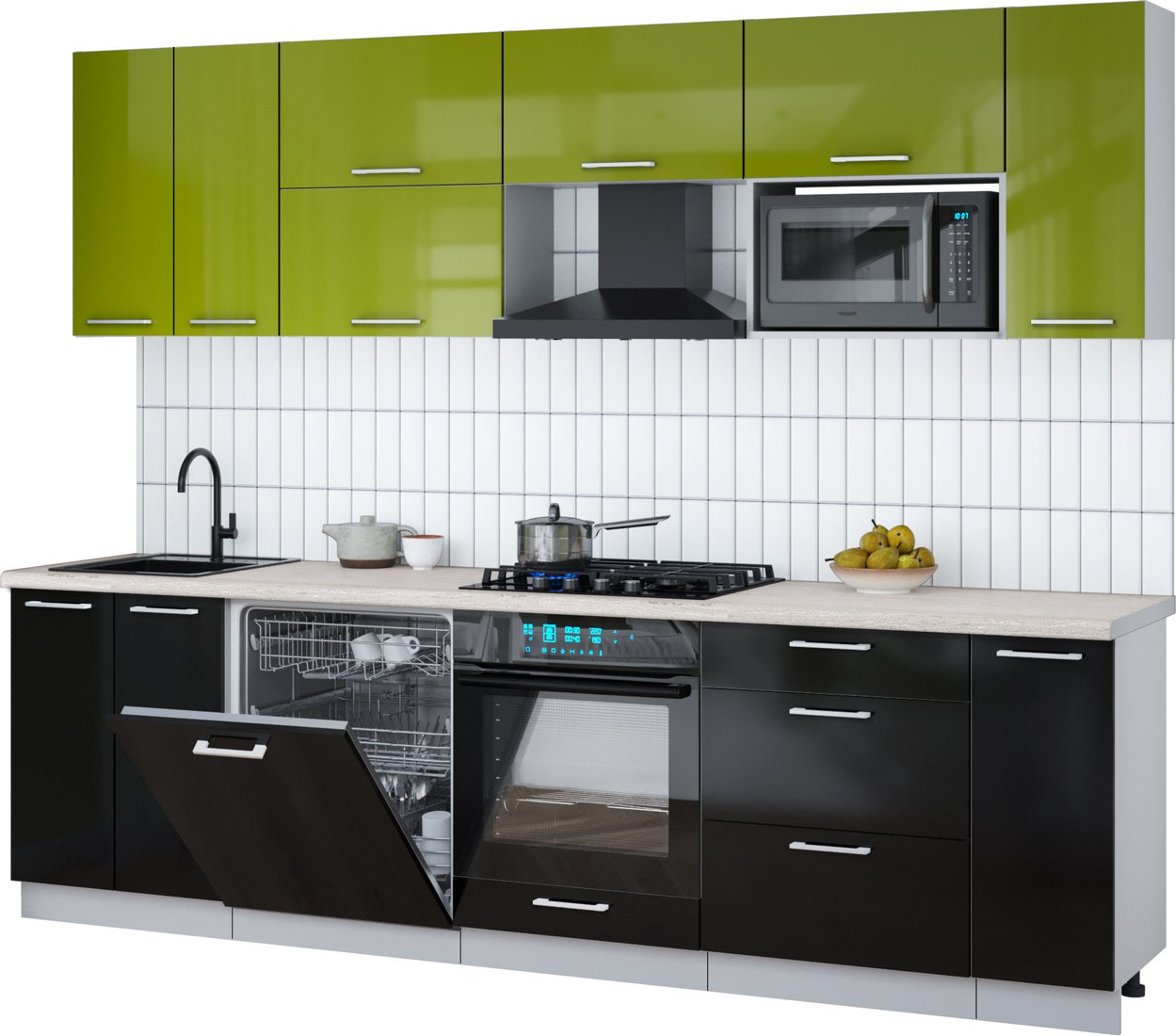 

Готовая кухня Интерлиния Мила Gloss 2.7-ПМ2 (черный глянец/яблоко глянец/травертин серый)