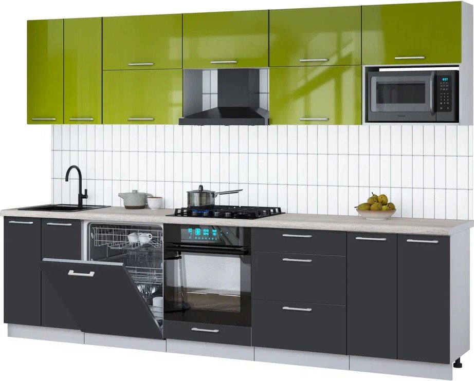 

Готовая кухня Интерлиния Мила Gloss 3.0-ПМ2 (пепел/яблоко глянец/травертин серый)