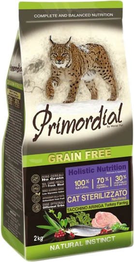 

Сухой корм для кошек Primordial GF Adult Sterilized Turkey & Herring (для стерилизованных кошек и кастрированных котов с индейкой и селдью) 2 кг