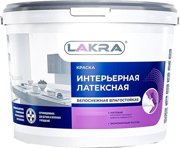 

Краска Лакра Латексная интерьерная влагостойкая матовая 14 кг (белоснежный)