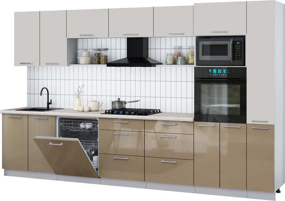 

Готовая кухня Интерлиния Мила Gloss 3.5-ПМ1 (капучино глянец/кашемир/травертин серый)