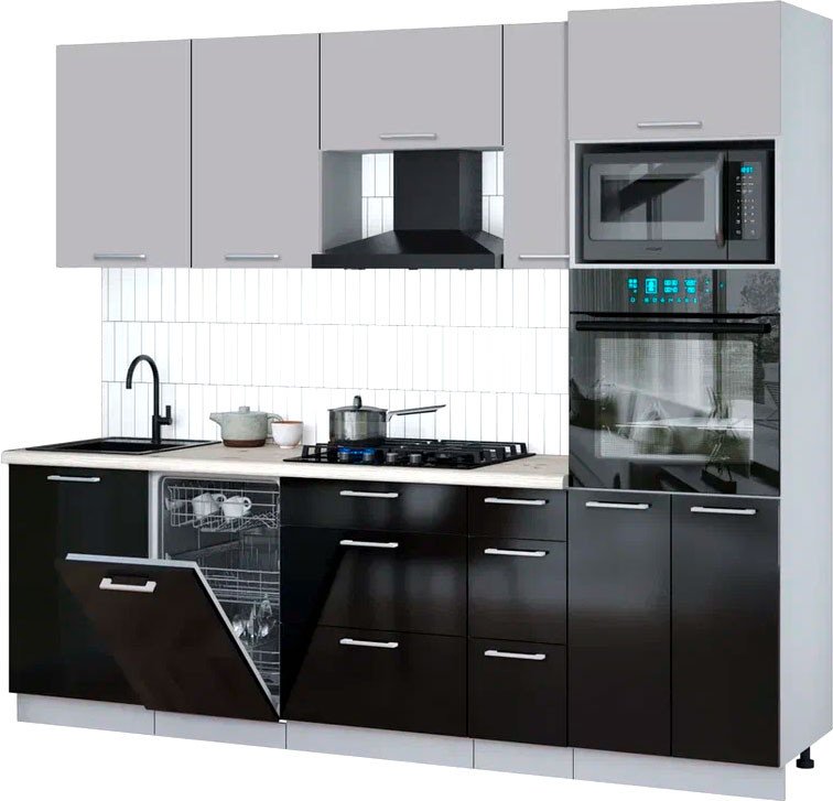 

Готовая кухня Интерлиния Мила Gloss 2.45-ПМ3 (черный глянец/грей/бискайская сосна)