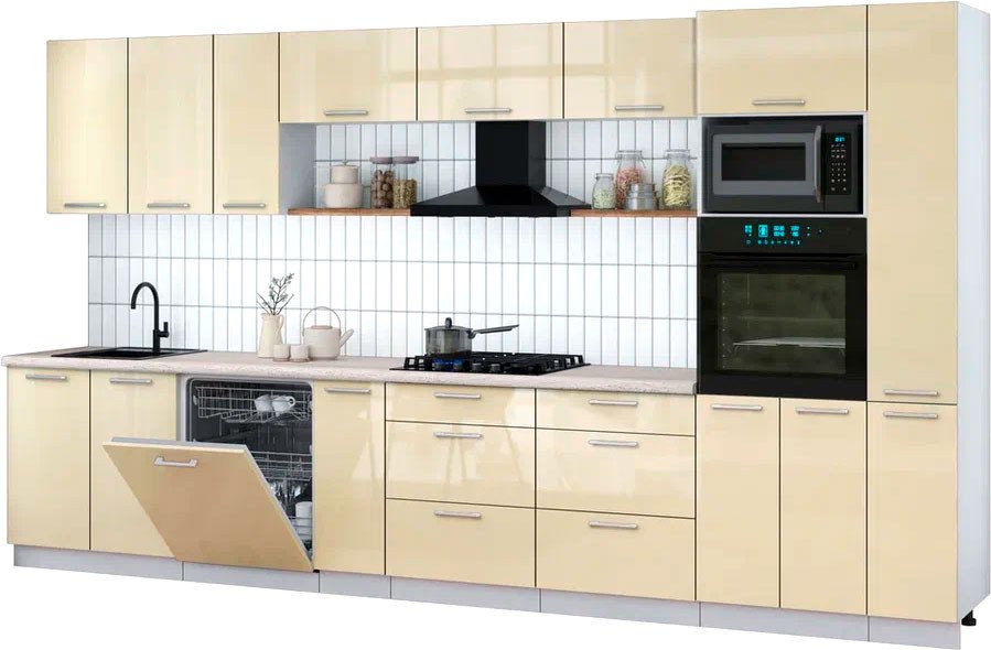 

Готовая кухня Интерлиния Мила Gloss 3.8-ПМ1 (ваниль глянец/ваниль глянец/травертин серый)