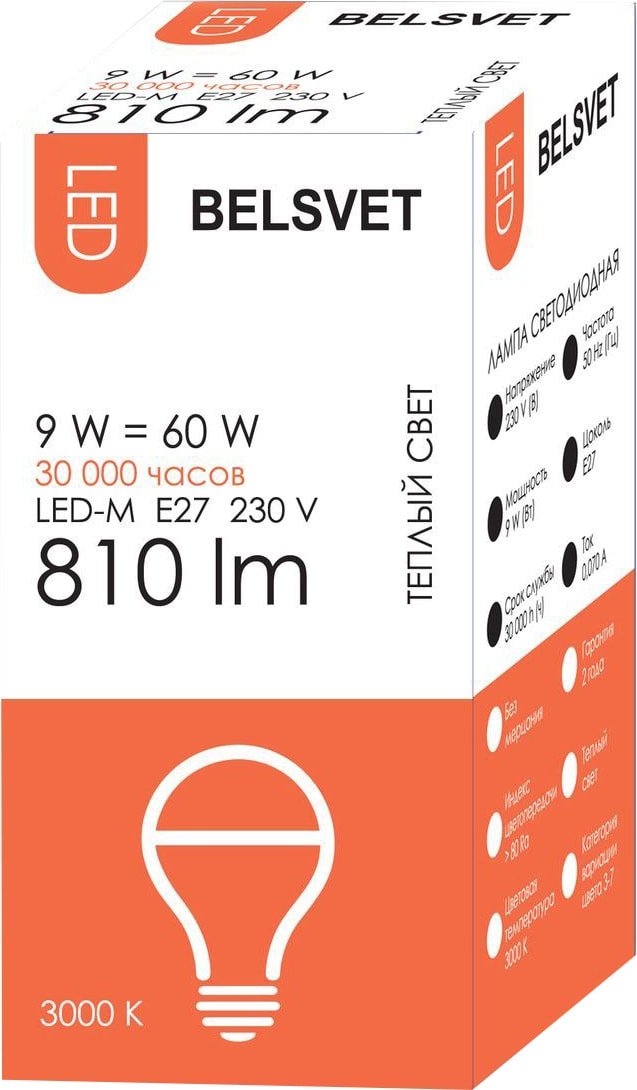 

Светодиодная лампочка Belsvet LED-M A60 E27 9 Вт 3000 К