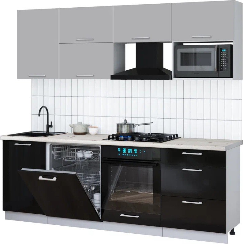 

Готовая кухня Интерлиния Мила Gloss 2.3-ПМ2 (черный глянец/грей/бискайская сосна)