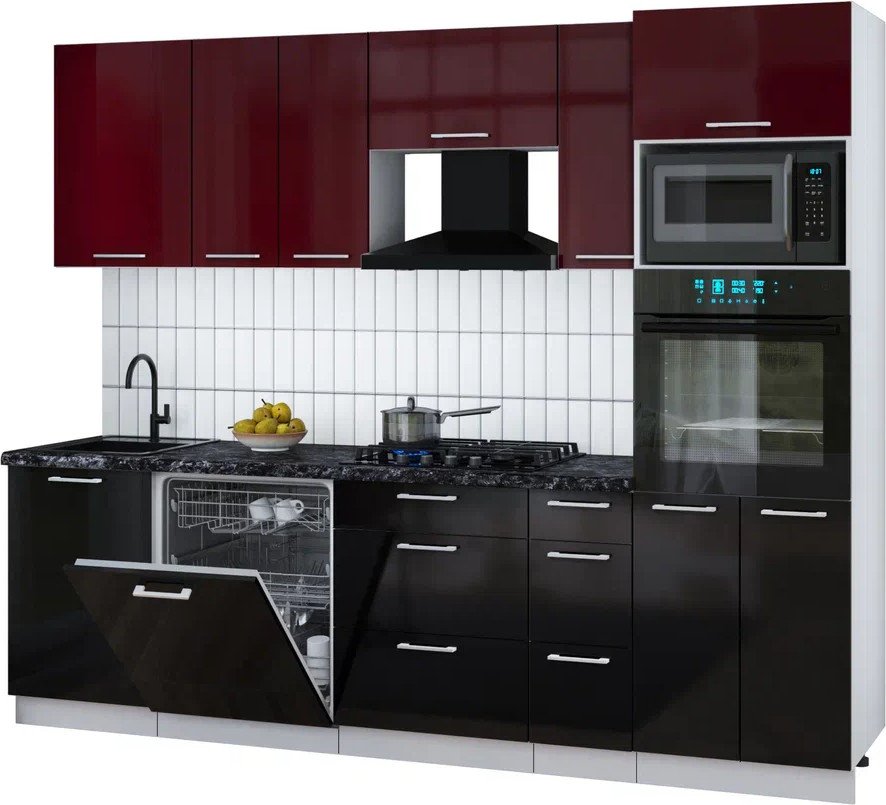 

Готовая кухня Интерлиния Мила Gloss 2.6-ПМ1 (черный глянец/бордовый глянец/кастилло темный)