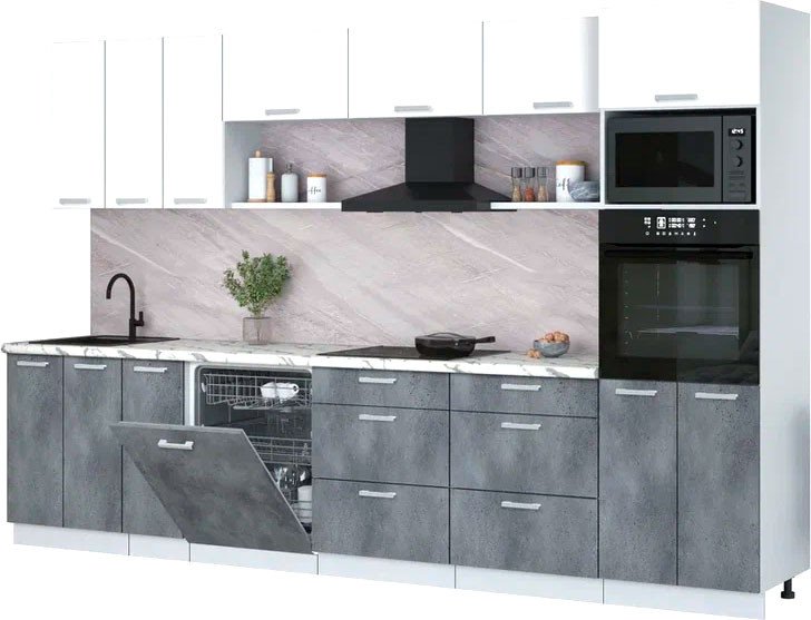 

Готовая кухня Интерлиния Мила Лайт 3.3-ПМ1-2 (белый платинум/бетон портленд/белый гранит)