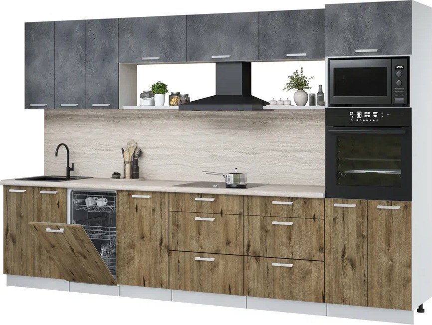 

Готовая кухня Интерлиния Мила Лайт 3.3-ПМ3 (бетон портленд/дуб веллингтон/травертин серый)