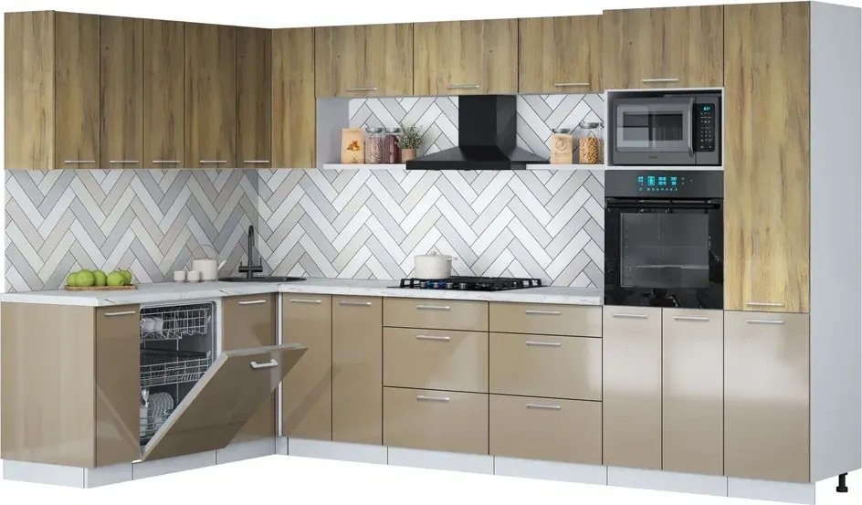 

Готовая кухня Интерлиния Мила Gloss 1.896х3.38 (капучино глянец/дуб вотан/серый каспий)